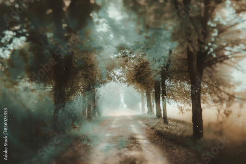 A dreamy  foggy forest path surrounded by tall  ethereal trees  evoking a sense of mystery and tranquility in the misty sunlight.