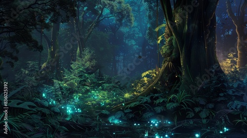 A subtropical jungle with the sounds of night creatures and the occasional glow of bioluminescent fungi. 