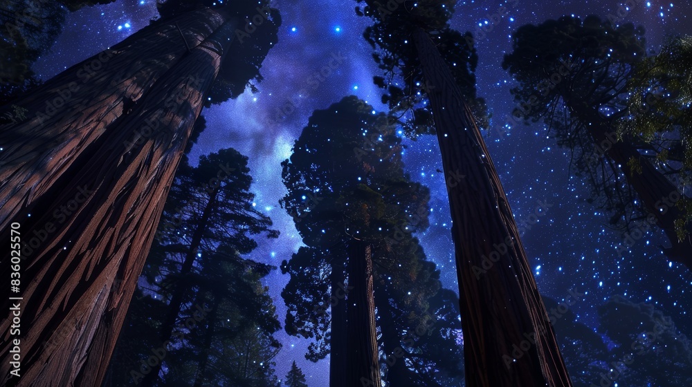 Fototapeta premium A forest of sequoias under the stars, their massive trunks barely discernible in the night. 