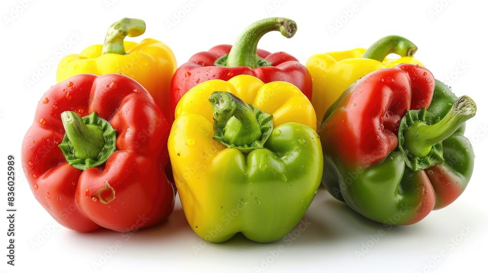 A detailed high-resolution image of vibrant red, yellow, and green bell peppers, isolated on a white background with clipping path A detailed high-resolution image of vibrant red, yellow, and green bell peppers, isolated on a white background with clipping path