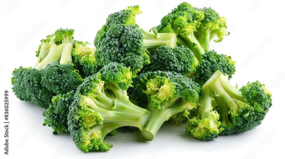 A detailed high-resolution photo of fresh broccoli florets, isolated on a white background with clipping path A detailed high-resolution photo of fresh broccoli florets, isolated on a white background with clipping path