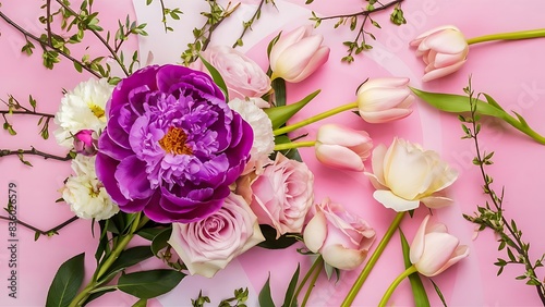 Various summer flowers flat lay purple peonies pink roses tulips and green branches over pastel pink © Kartik