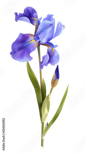 Elegant blue iris flower with delicate petals and green leaves. Perfect for spring-themed designs and floral arrangements.