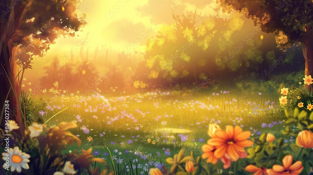 Sunlit Meadow with Blooming Flowers and Trees at Sunset Sunlit Meadow with Blooming Flowers and Trees at Sunset