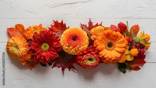 Autumn flowers on white background autumn fall concept flat lay top view