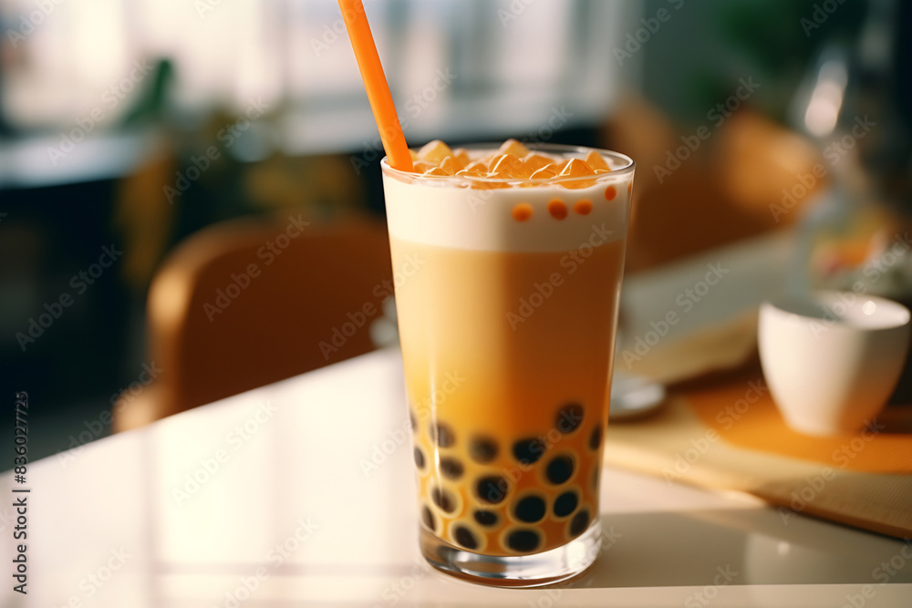 Bubble milk ice tea in glass on the table Bubble milk ice tea in glass on the table