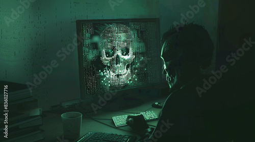 Skeleton apper on computer screen in dark room, malware and hacking concept photo