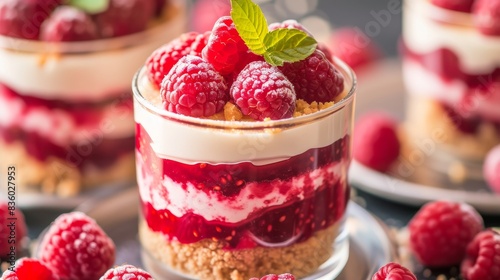 Raspberry cheesecake dessert served in a glass