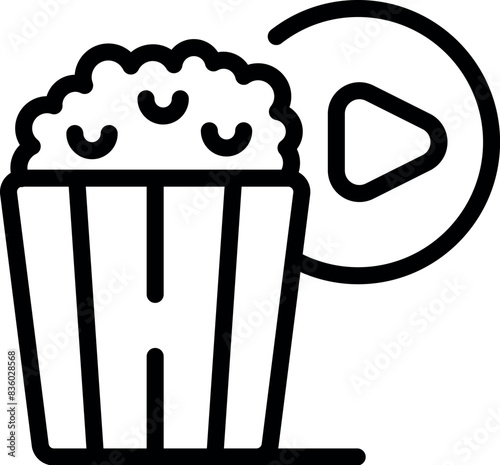 Black line icon with a popcorn bucket and play symbol, representing movie time