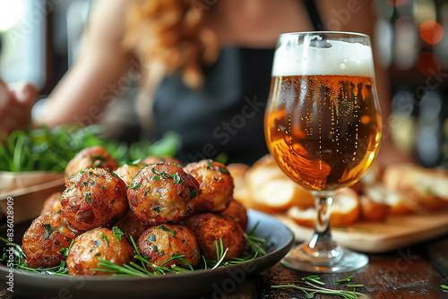 A rustic plate of traditional Dutch bitterballen, a bitesized meat and gravy croquette served as a snack in bars with a glass of beer. photo