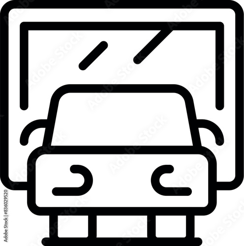 Simplified black and white line icon depicting a cartoon car parked in a garage