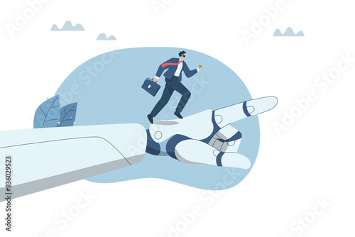Collaboration of personnel with artificial intelligence, Setting goals to improve company growth with the support of AI, PNG illustration, Businessman runs up on robot hand pointing upwards.