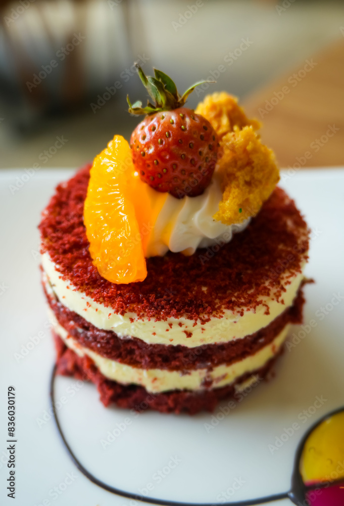 Red velvet cake, classic three layered cake from red butter sponge cakes with cream cheese frosting, with mandarin orange and candied strawberry as topping American cuisine Red velvet cake, classic three layered cake from red butter sponge cakes with cream cheese frosting, with mandarin orange and candied strawberry as topping American cuisine