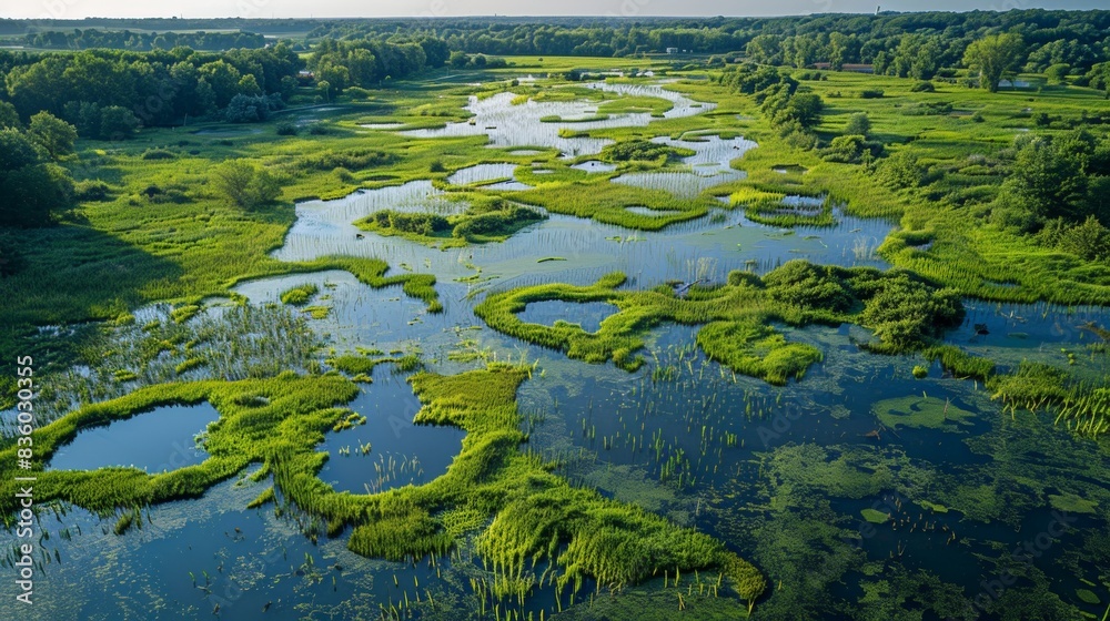 Aerial View of Mosquito Breeding Grounds in a Wetland Ecosystem Aerial View of Mosquito Breeding Grounds in a Wetland Ecosystem