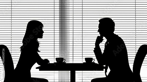 Stunning illustration of a businesswoman and businessman strategizing in a dynamic meeting, in intricate silhouette art.