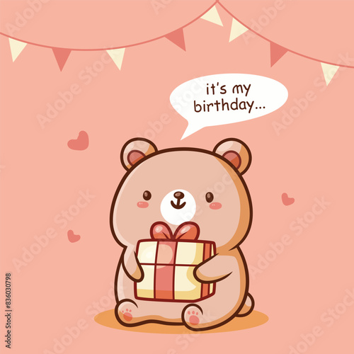 Cartoon bear holds birthday present with speech bubble. great for birthday invitations, greeting cards, posters, and social media posts.