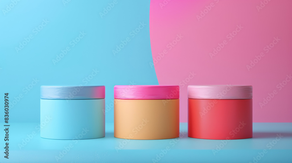 Three containers of different colors are displayed on a blue background Three containers of different colors are displayed on a blue background