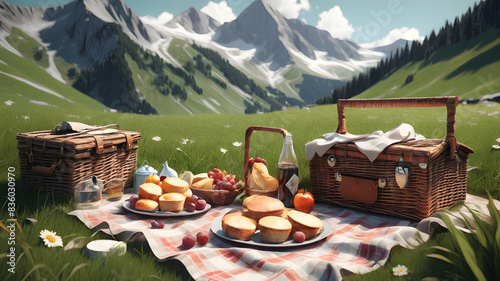 Alpin Mountain picnic on a Grass 8k Ultra realistic photo photo