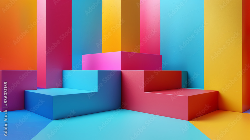 A colorful room with a blue wall and pink, yellow, and orange walls A colorful room with a blue wall and pink, yellow, and orange walls