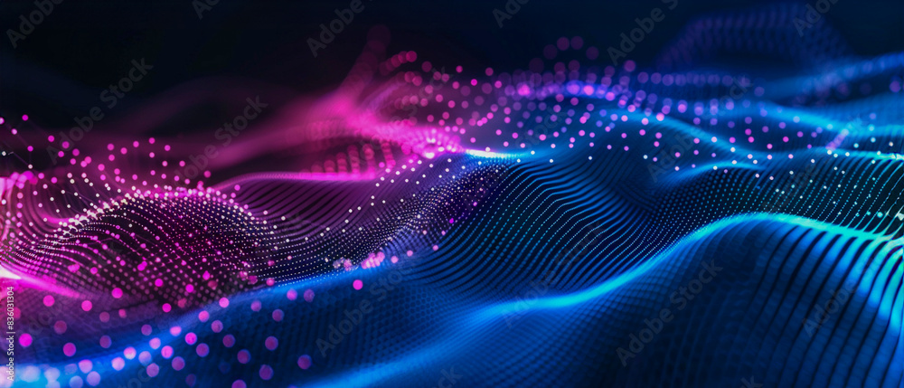 Fototapeta premium Fondo de tecnología abstracta con un gradiente azul y rosa de puntos ondeando al estilo de un diseño de ilustración vectorial, arte vectorial, fondo oscuro y detallado, minimalista, de alta resolución