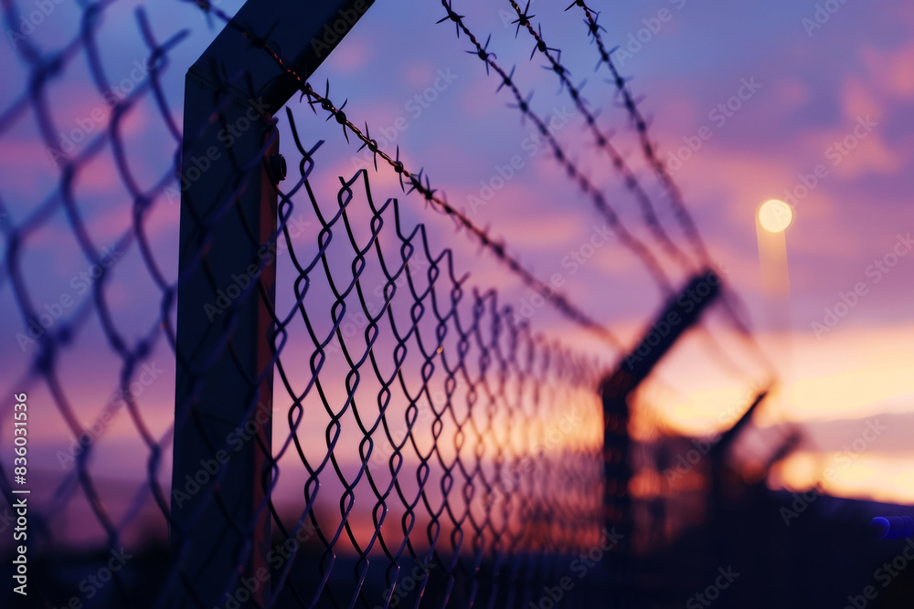A high fence with barbed wire A high fence with barbed wire