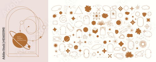 Set of geometric boho design elements icons and symbols. Simple shapes forms and frames inspired retro cosmic style