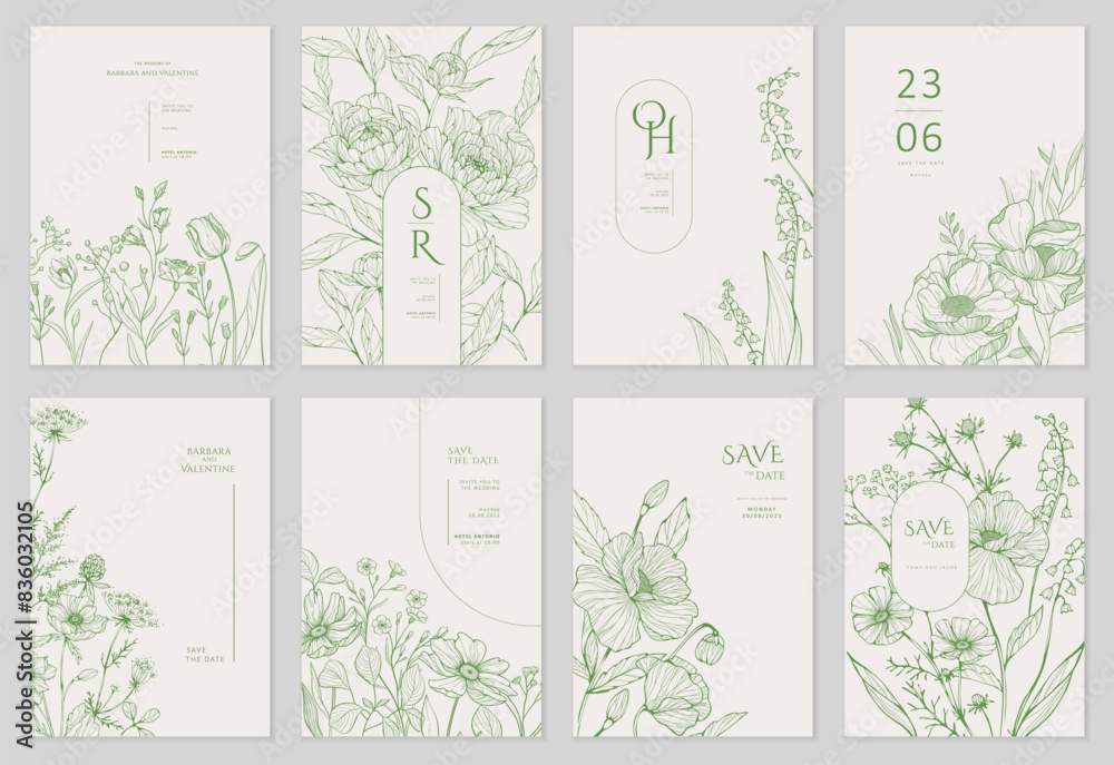 Set of floral invitation save the date card with detailed various flowers. Luxury vintage botanic template layout design, brochure or cover