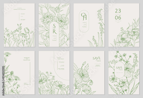 Set of floral invitation save the date card with detailed various flowers. Luxury vintage botanic template layout design, brochure or cover