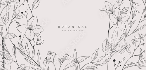 Floral bakground or wallpaper with bouquet of various flowers. Botanical foliage for wedding invitation or wall art. Vector illustration. Luxury inked photo