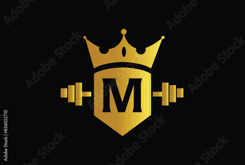 Letter M Logo With barbell. Fitness Gym logo Vector - Royal fitness logo with crown	