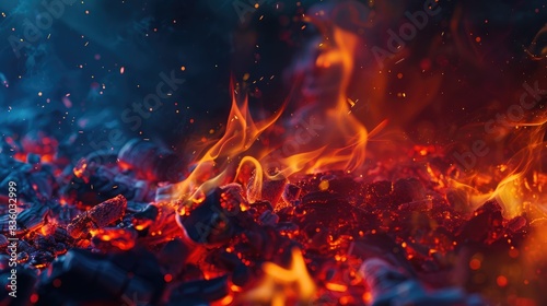 Red flames flickering against a dark backdrop Nighttime fire illumination
