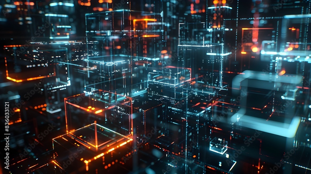 Obraz premium Futuristic Illuminated Digital Cityscape with Glowing Network Infrastructure