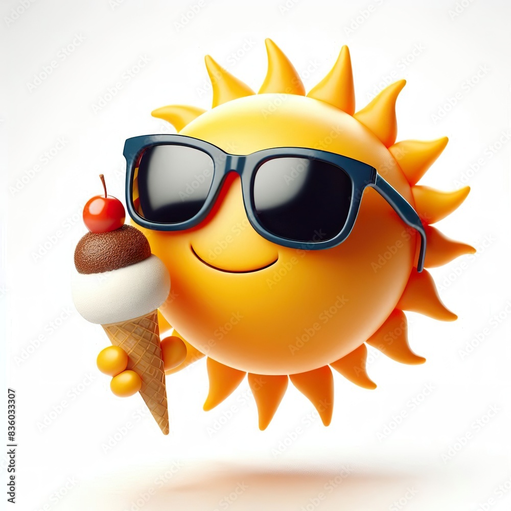 3D sun emoji wearing sunglasses holding a ice cream on a white background 3D sun emoji wearing sunglasses holding a ice cream on a white background