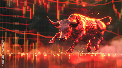A red stock market with an upward index K-line chart and a big Bull. Vibrant, bright background