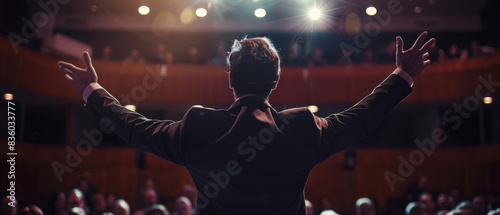 Cinematic photo of abusinessman with his arms in the air, on the stage on this tech conference, over the shoulder shot.  photo