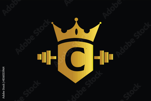Letter C golden crown with shield logo vector illustration.