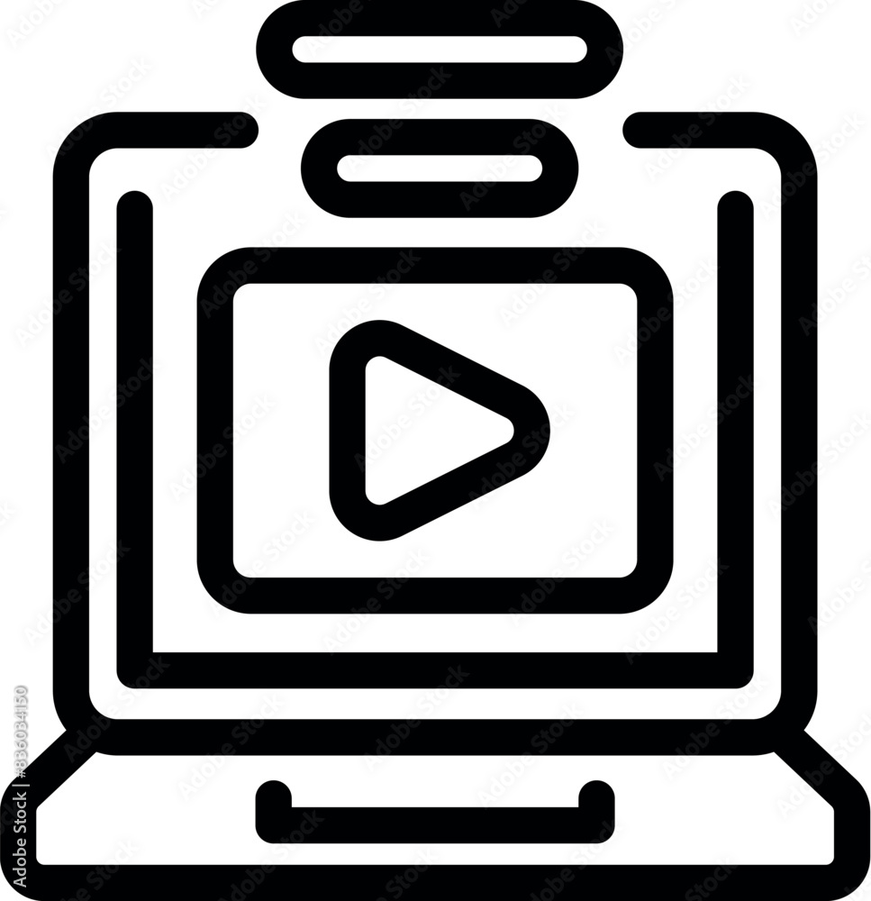 Black and white icon of a laptop displaying a play button on the screen, symbolizing video content Black and white icon of a laptop displaying a play button on the screen, symbolizing video content