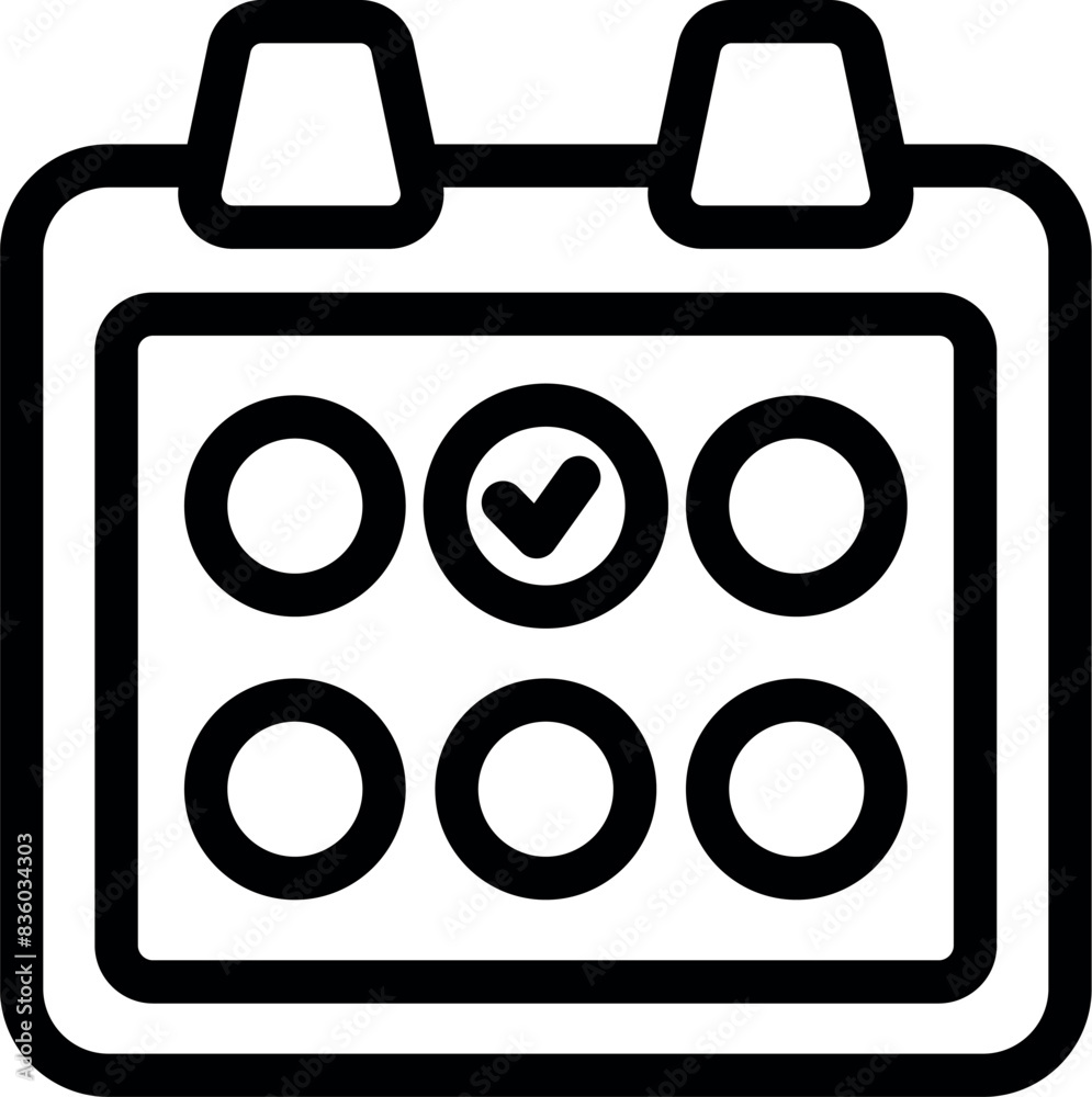 Simplified line drawing of a calendar with date checkmark, in highcontrast black and white Simplified line drawing of a calendar with date checkmark, in highcontrast black and white