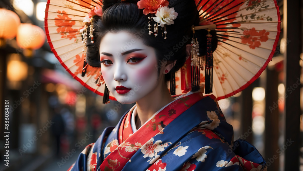 Stunning Geisha in Blue and Red Kimono with Floral Parasol in Traditional Japanese Street Stunning Geisha in Blue and Red Kimono with Floral Parasol in Traditional Japanese Street