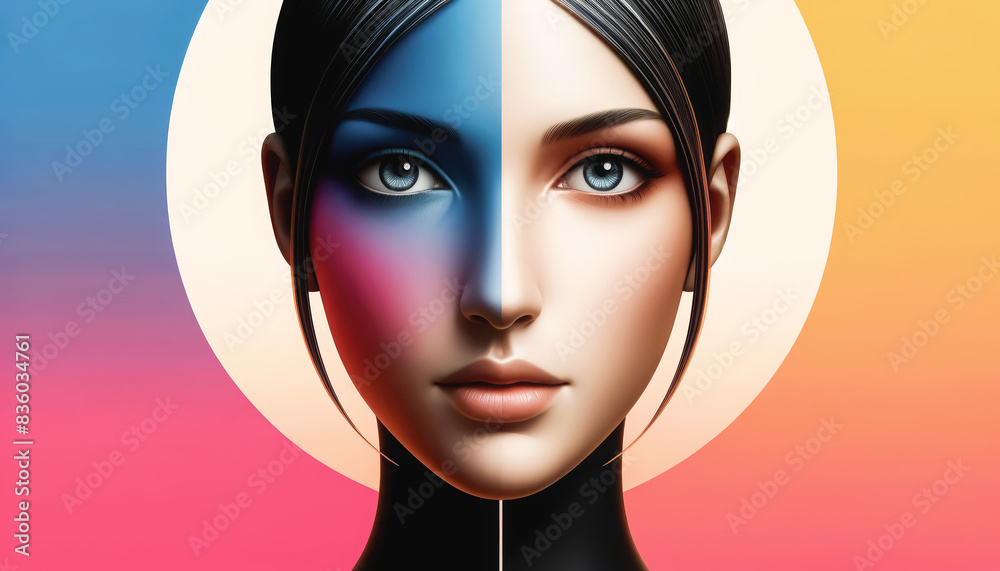 A split-face portrait of a woman with one side blue and the other natural, set against a gradient background, creating a striking and modern visual effect. A split-face portrait of a woman with one side blue and the other natural, set against a gradient background, creating a striking and modern visual effect.
