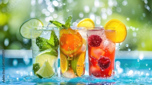 summer drinks  Alcoholic and non-alcoholic summer drinks with ice cubes of lemon  lime  fruits and mint  Summer holiday tropical concept  Alcoholic and non-alcoholic summer drinks with ice cubes  
