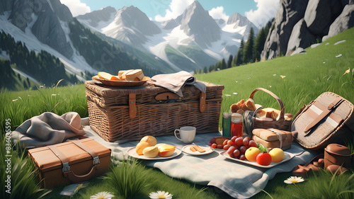 Alpin Mountain picnic on a Grass 8k Ultra realistic photo