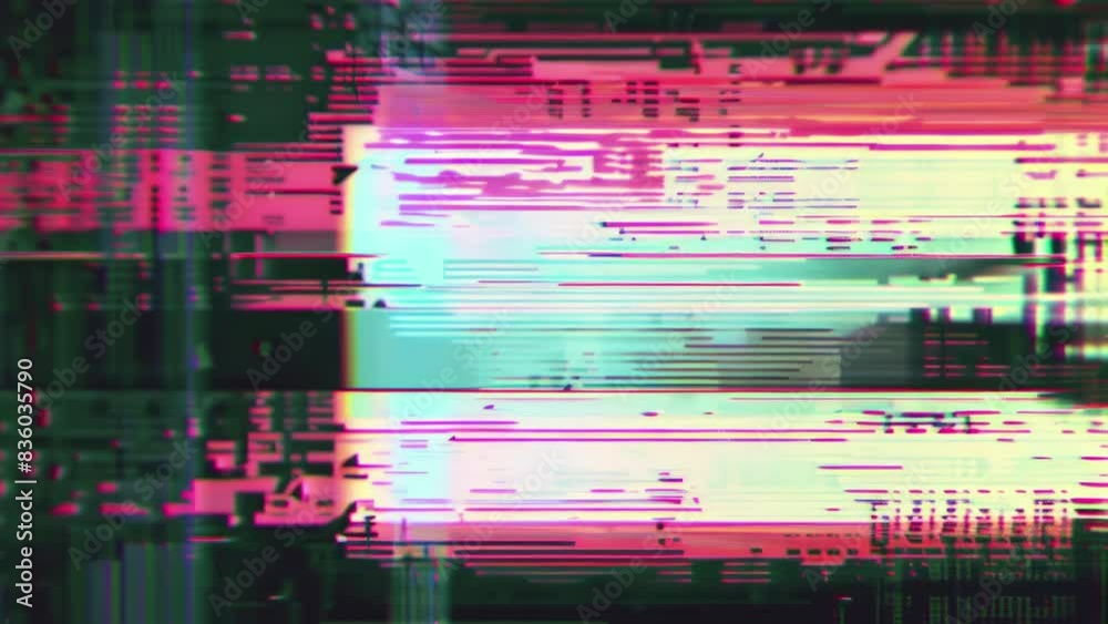 Colorful glitch effect on screen, digital noise and signal problems. Abstract pattern of distorted lines and blocks. Vibrant RGB distortion background. Retro television, nostalgic or cyberpunk design.