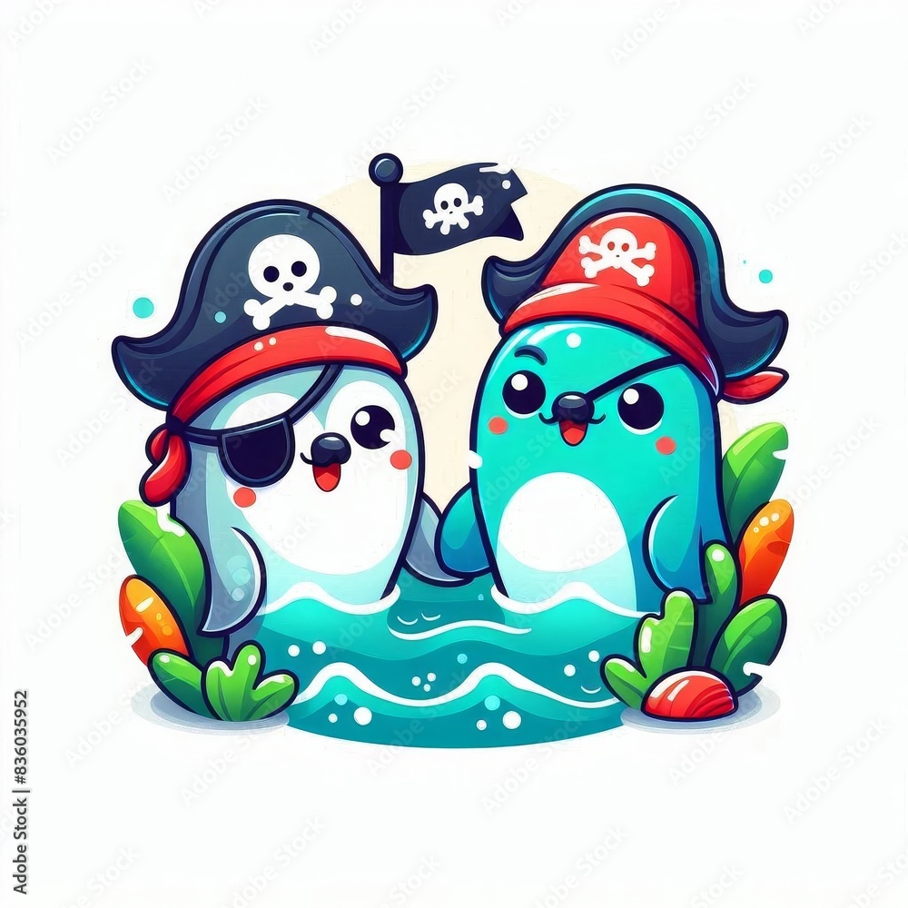 Naklejka premium Two cartoon penguins are in a body of water