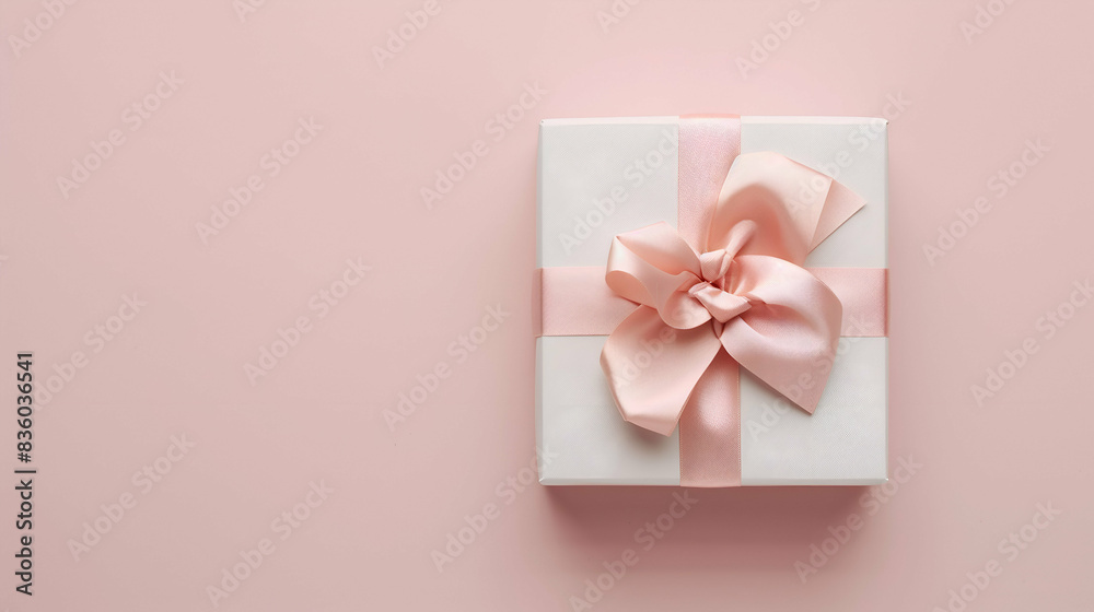 Elegant white gift box adorned with a pink satin ribbon, set against a soft pink background. Perfect for celebrations, holidays, or special occasions Elegant white gift box adorned with a pink satin ribbon, set against a soft pink background. Perfect for celebrations, holidays, or special occasions
