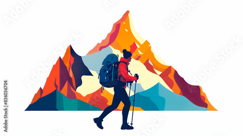 A colorful illustration of a hiker trekking near vibrant mountains  showcasing an adventurous spirit in a stunning landscape