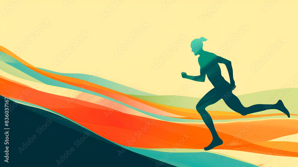 A dynamic silhouette of a runner in motion, set against a backdrop of colorful, flowing abstract waves. The vivid hues of orange, green, and blue create a sense of energy and movement A dynamic silhouette of a runner in motion, set against a backdrop of colorful, flowing abstract waves. The vivid hues of orange, green, and blue create a sense of energy and movement