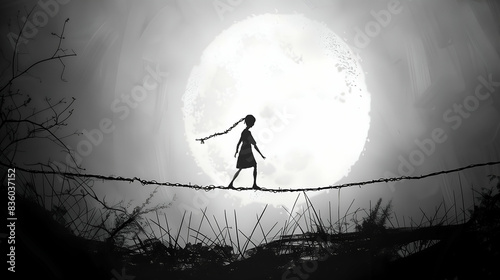 A silhouette of a girl walking cautiously on a barbed wire against the backdrop of a large, bright full moon in a monochromatic scene photo