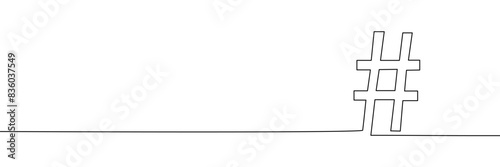 The hashtag symbol is drawn in one continuous line. Line art, outline, single line silhouette. Editable line