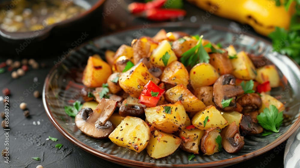 fried potatoes with mushrooms, vegetables on a plate. Generative Ai fried potatoes with mushrooms, vegetables on a plate. Generative Ai